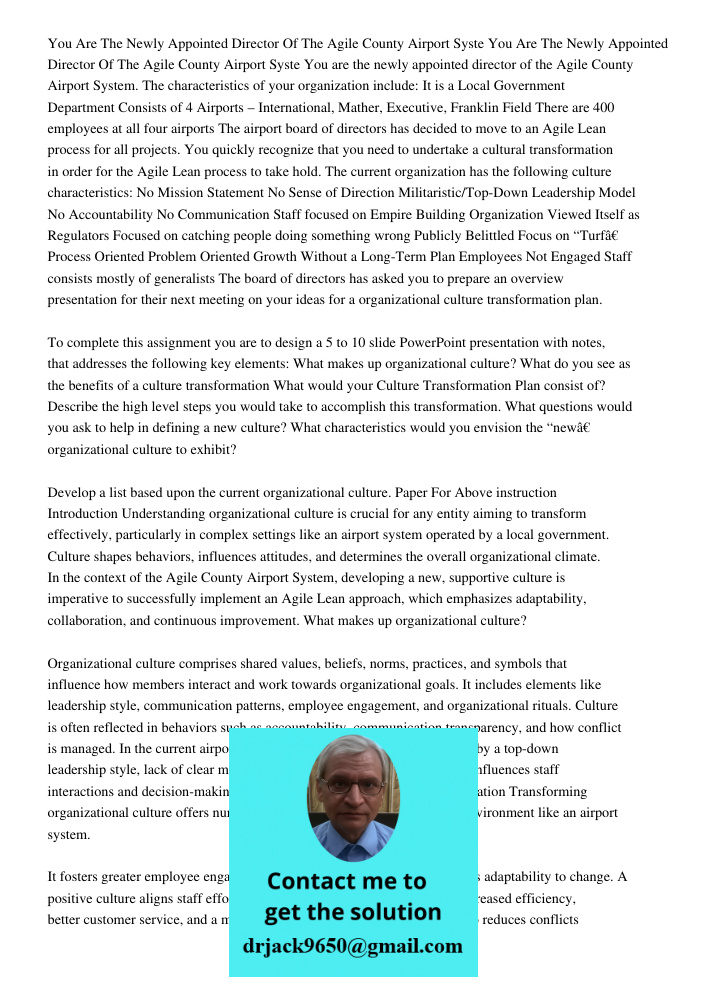 You are the newly appointed director of the Agile County Airport System. The characteristics of your organization include: It is a Local Government Department C