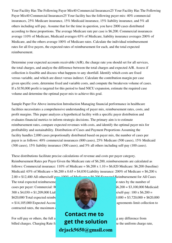 Your facility has the following payer mix: 40% commercial insurances, 25% Medicare insurance, 15% Medicaid insurance, 15% liability insurance, and 5% all others