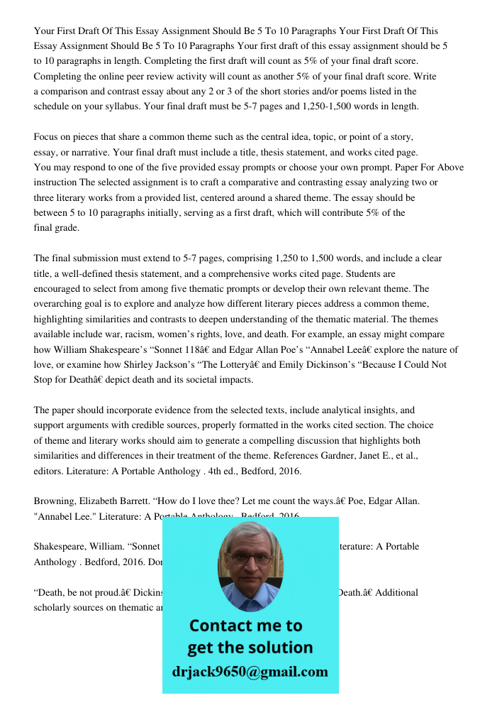 Your first draft of this essay assignment should be 5 to 10 paragraphs in length. Completing the first draft will count as 5% of your final draft score. Complet