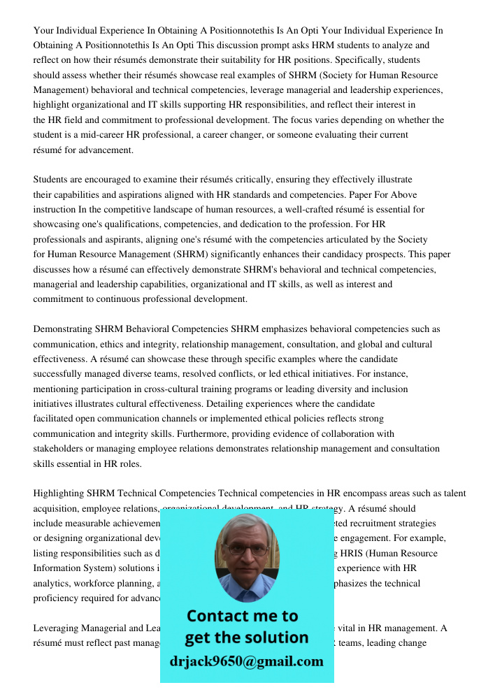 This discussion prompt asks HRM students to analyze and reflect on how their résumés demonstrate their suitability for HR positions. Specifically, students shou