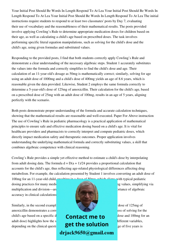 Your Initial Post Should Be 150 250 Words In Length Respond To At Lea The initial instructions require students to respond to at least two classmates' posts by 