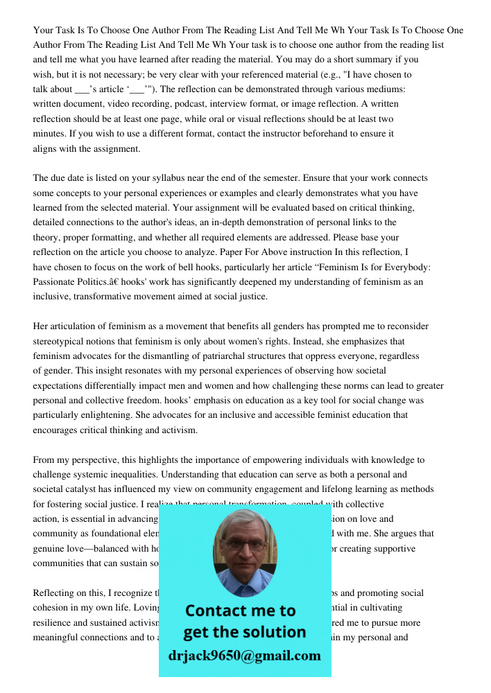 Your task is to choose one author from the reading list and tell me what you have learned after reading the material. You may do a short summary if you wish, bu
