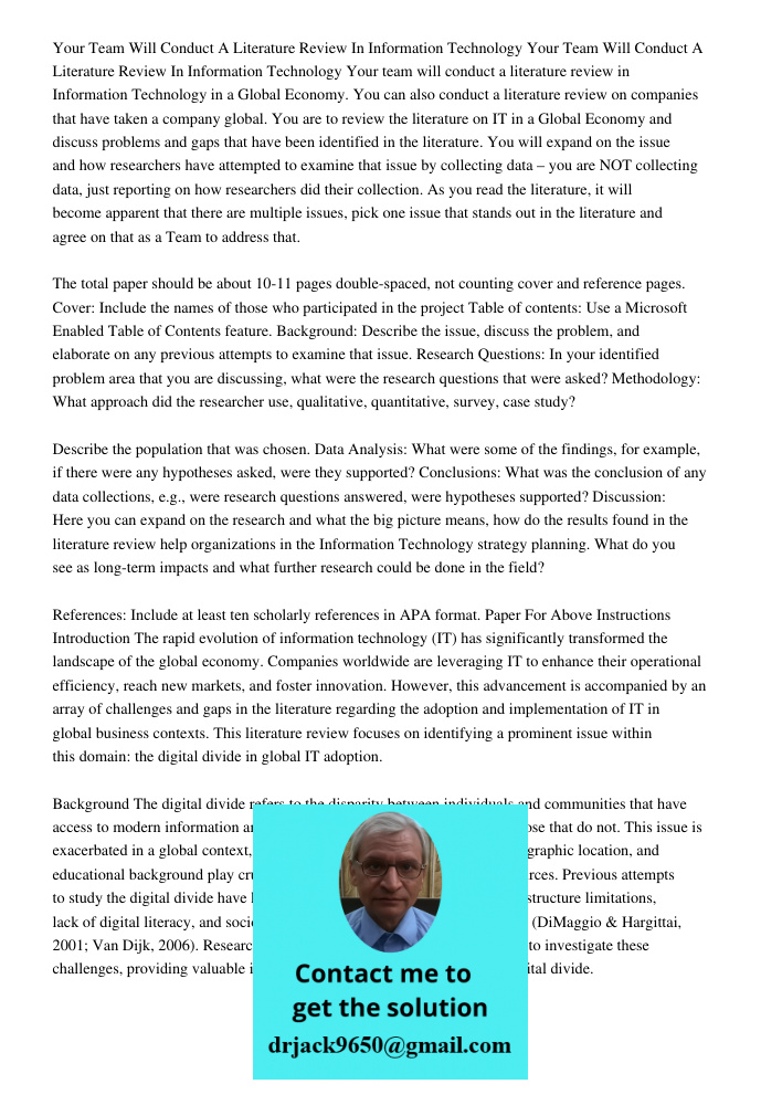 Your team will conduct a literature review in Information Technology in a Global Economy. You can also conduct a literature review on companies that have taken 